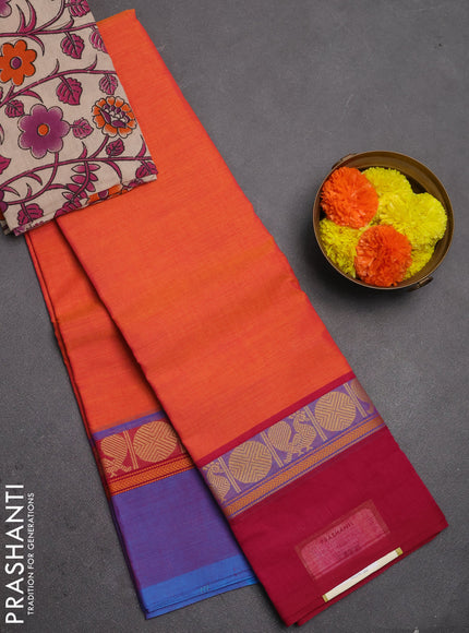 Chettinad cotton saree sunset orange and beige with plain body and ganga jamun border