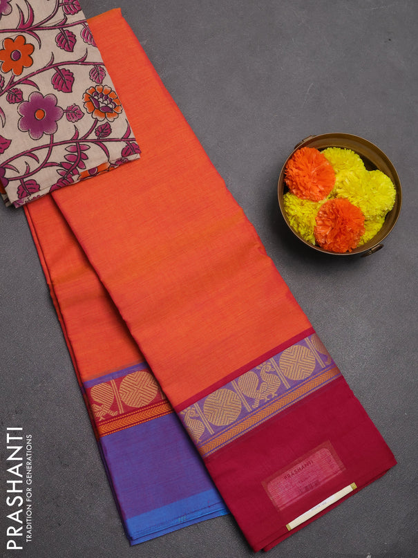 Chettinad cotton saree sunset orange and beige with plain body and ganga jamun border