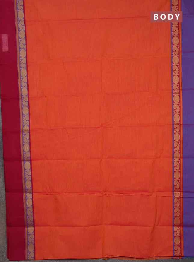 Chettinad cotton saree sunset orange and beige with plain body and ganga jamun border