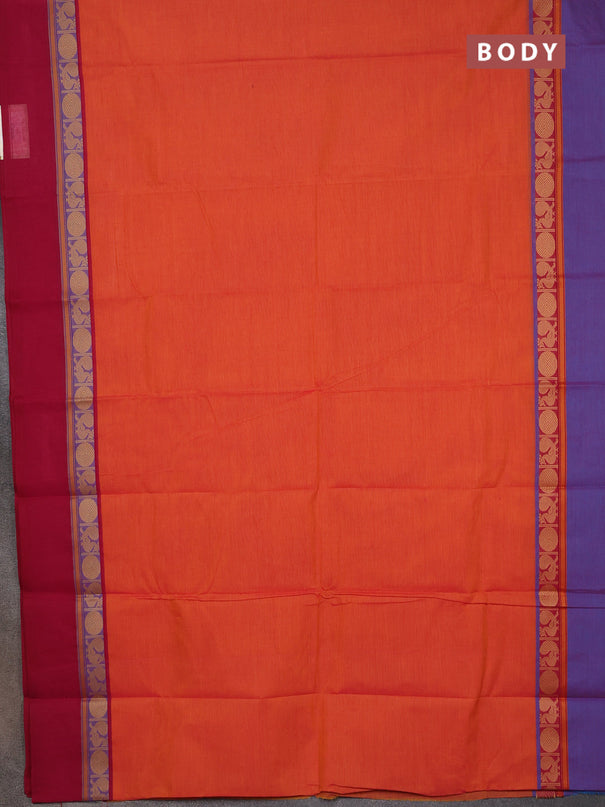 Chettinad cotton saree sunset orange and beige with plain body and ganga jamun border