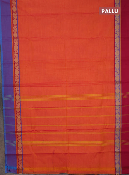 Chettinad cotton saree sunset orange and beige with plain body and ganga jamun border