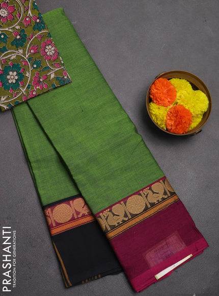 Chettinad cotton saree green and sap green with plain body and ganga jamun border