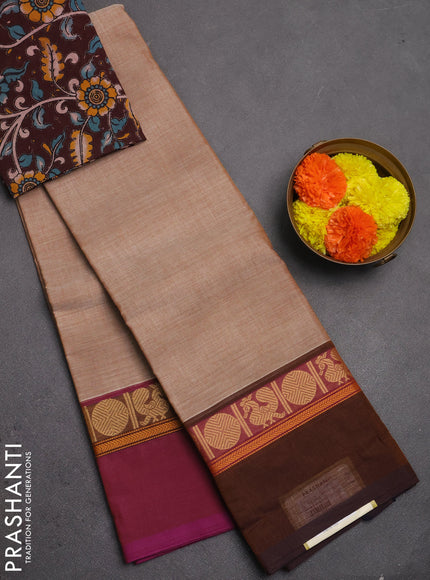 Chettinad cotton saree pastel brown and brown with plain body and ganga jamun border