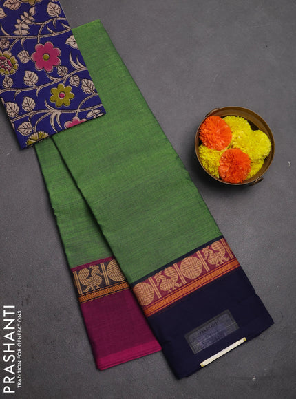 Chettinad cotton saree green and blue with plain body and ganga jamun border