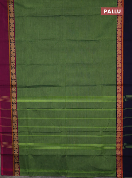 Chettinad cotton saree green and blue with plain body and ganga jamun border