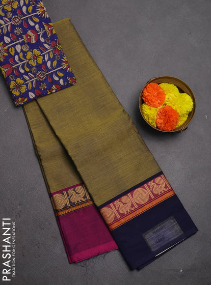 Chettinad cotton saree olive green and blue with plain body and ganga jamun border