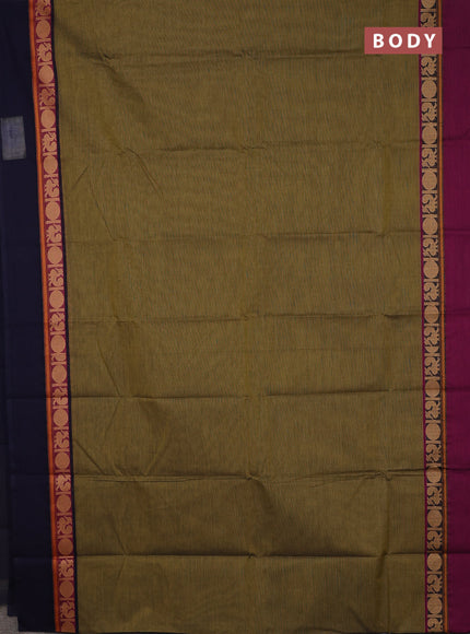 Chettinad cotton saree olive green and blue with plain body and ganga jamun border
