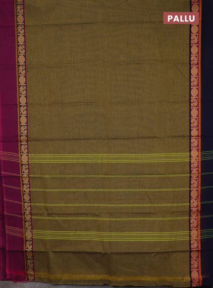 Chettinad cotton saree olive green and blue with plain body and ganga jamun border