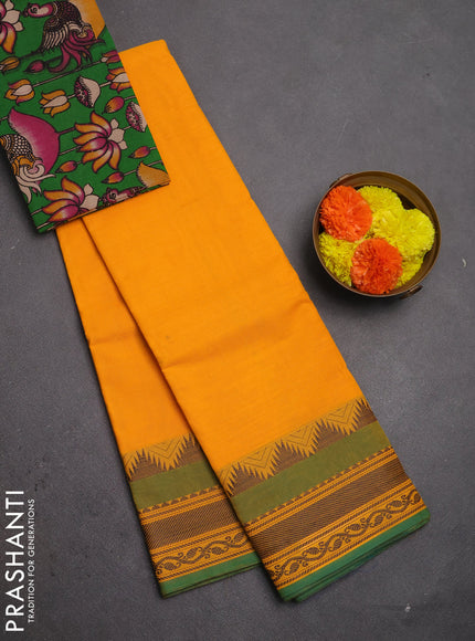 Chettinad cotton saree mango yellow and green with plain body and rettapet thread woven border