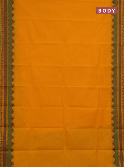 Chettinad cotton saree mango yellow and green with plain body and rettapet thread woven border