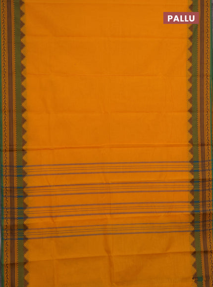 Chettinad cotton saree mango yellow and green with plain body and rettapet thread woven border