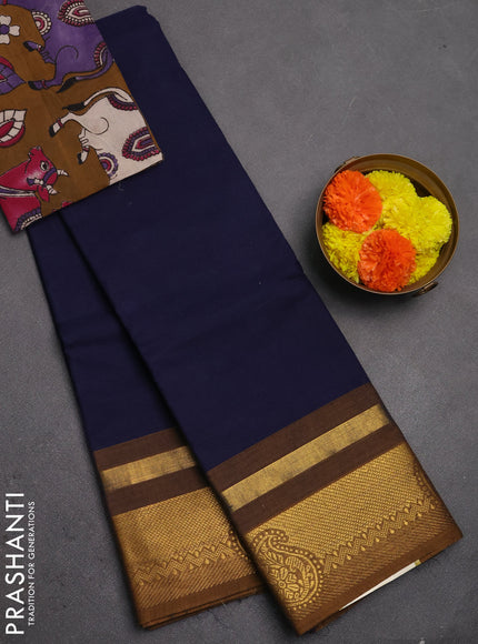 Chettinad cotton saree navy blue and dark mustard beige with plain body and zari woven border