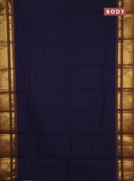 Chettinad cotton saree navy blue and dark mustard beige with plain body and zari woven border
