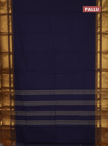 Chettinad cotton saree navy blue and dark mustard beige with plain body and zari woven border
