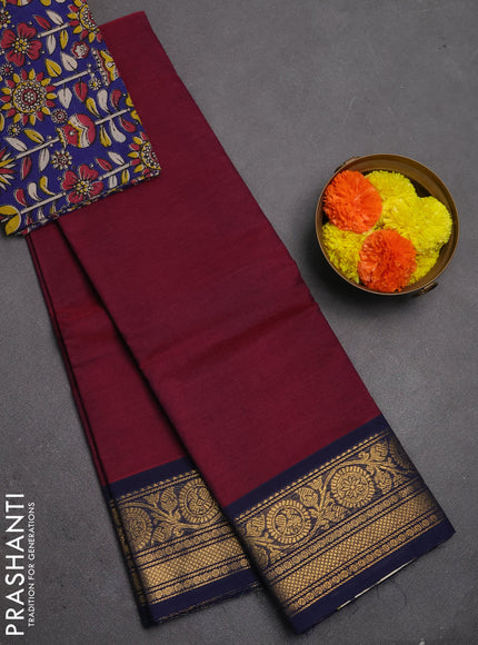 Chettinad cotton saree dark magenat pink and blue with plain body and zari woven border