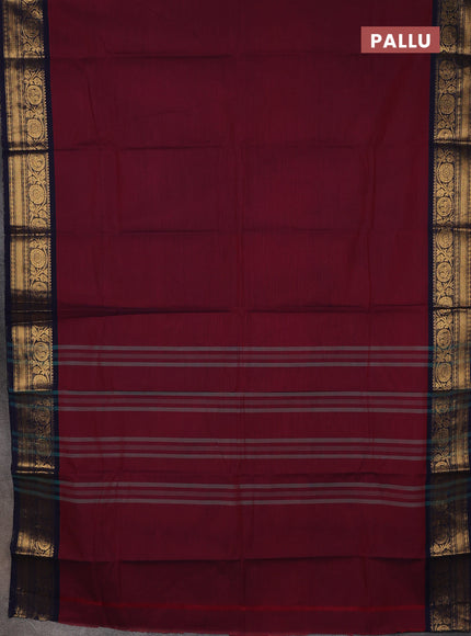 Chettinad cotton saree dark magenat pink and blue with plain body and zari woven border