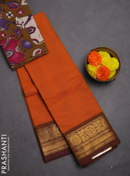 Chettinad cotton saree orange and brown with plain body and zari woven border