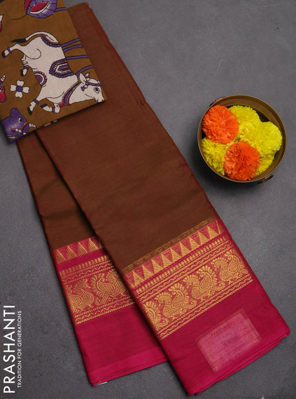 Chettinad cotton saree manthulir green and pink dark mustard with plain body and long rettapet zari woven border