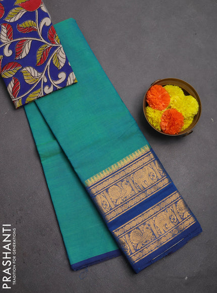 Chettinad cotton saree teal green and blue with plain body and long rettapet zari woven border