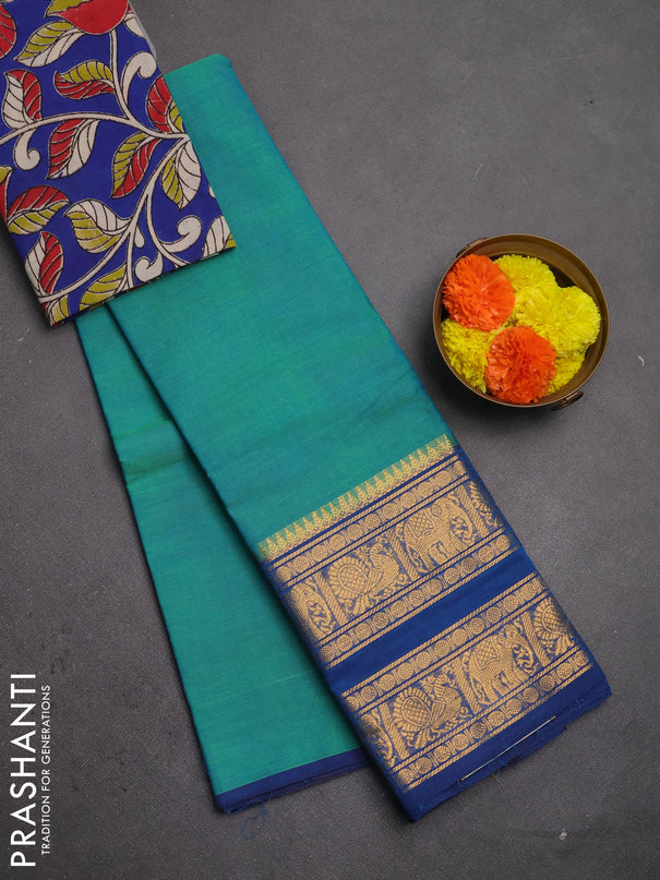 Chettinad cotton saree teal green and blue with plain body and long rettapet zari woven border