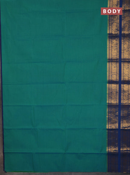 Chettinad cotton saree teal green and blue with plain body and long rettapet zari woven border