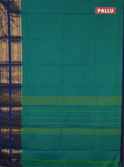 Chettinad cotton saree teal green and blue with plain body and long rettapet zari woven border