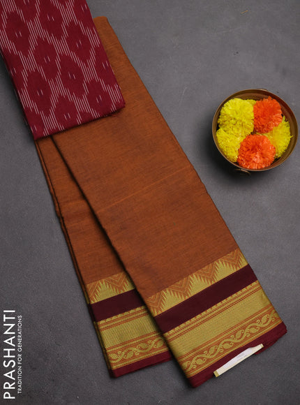 Chettinad cotton saree rust shade and maroon with plain body and thread woven border