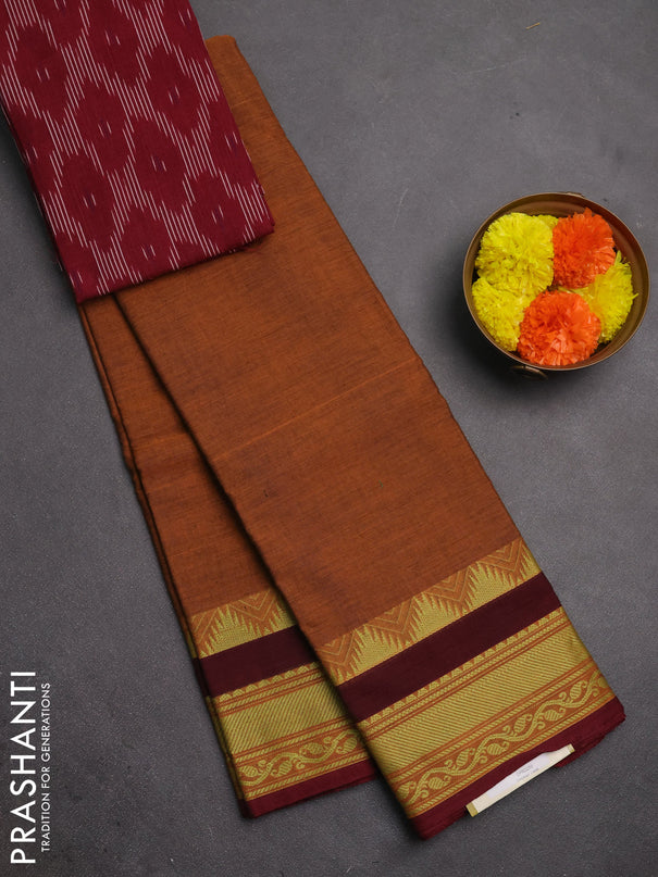 Chettinad cotton saree rust shade and maroon with plain body and thread woven border