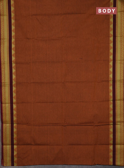 Chettinad cotton saree rust shade and maroon with plain body and thread woven border