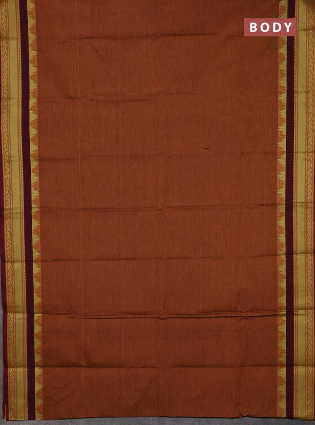 Chettinad cotton saree rust shade and maroon with plain body and thread woven border