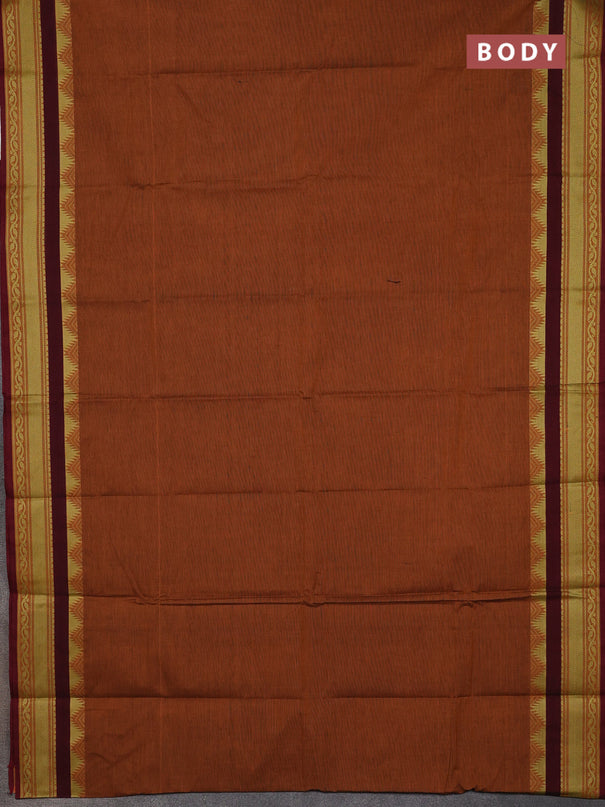 Chettinad cotton saree rust shade and maroon with plain body and thread woven border
