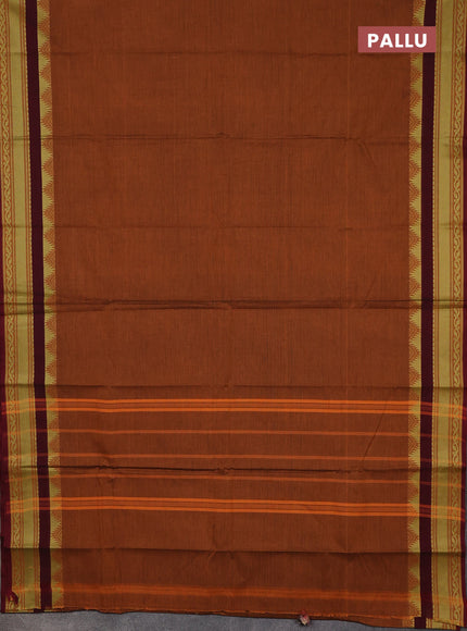 Chettinad cotton saree rust shade and maroon with plain body and thread woven border