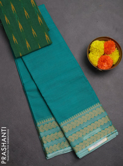 Chettinad cotton saree teal green and green with plain body and thread woven border