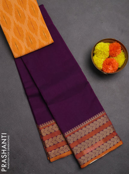 Chettinad cotton saree purple and mango yellow with plain body and thread woven border
