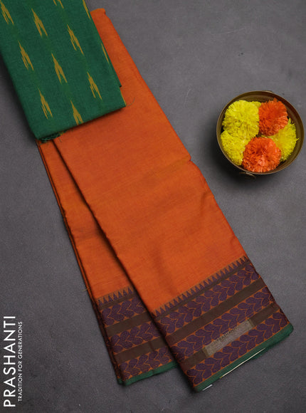 Chettinad cotton saree sunset orange and green with plain body and thread woven border
