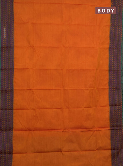 Chettinad cotton saree sunset orange and green with plain body and thread woven border
