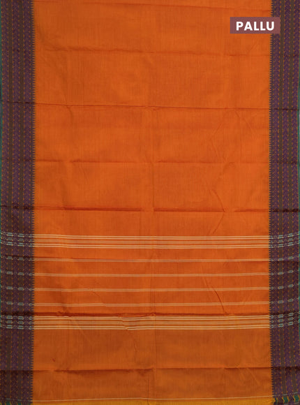 Chettinad cotton saree sunset orange and green with plain body and thread woven border