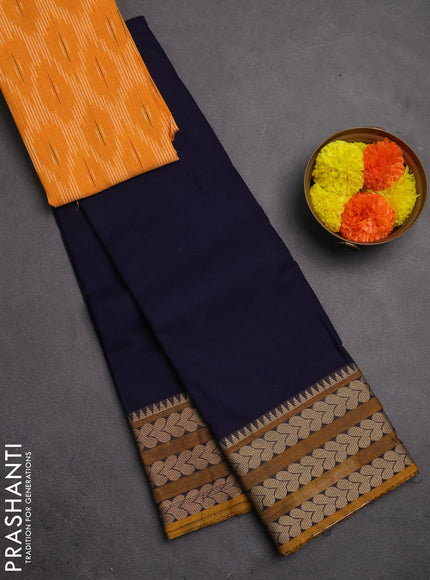 Chettinad cotton saree navy blue and yellow with plain body and thread woven border