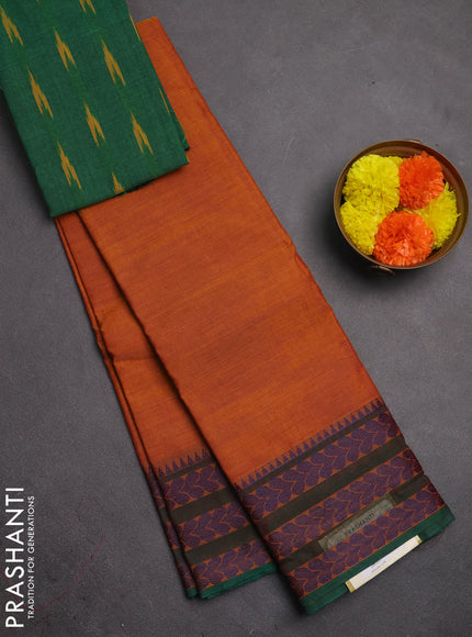 Chettinad cotton saree dark mustard and green with plain body and thread woven border