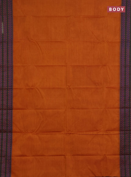 Chettinad cotton saree dark mustard and green with plain body and thread woven border