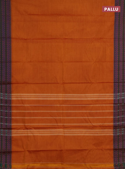 Chettinad cotton saree dark mustard and green with plain body and thread woven border