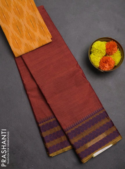 Chettinad cotton saree rust shade and yellow with plain body and thread woven border