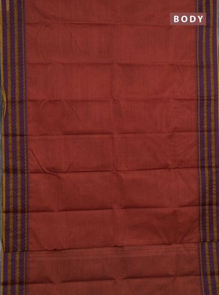 Chettinad cotton saree rust shade and yellow with plain body and thread woven border