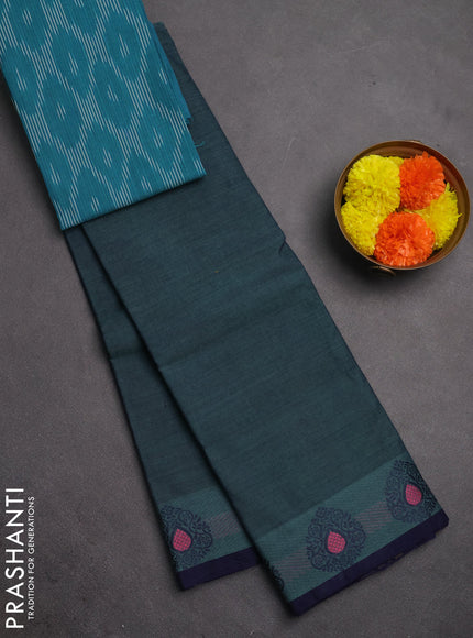 Chettinad cotton saree greyish green shade and Navy blue teal green with plain body and thread woven border
