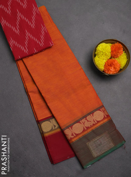 Chettinad cotton saree sunset orange and red with plain body and ganga jamuna border