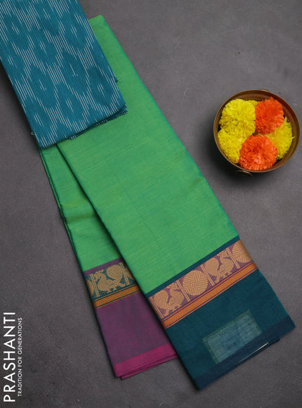 Chettinad cotton saree green and teal green with plain body and ganga jamuna border