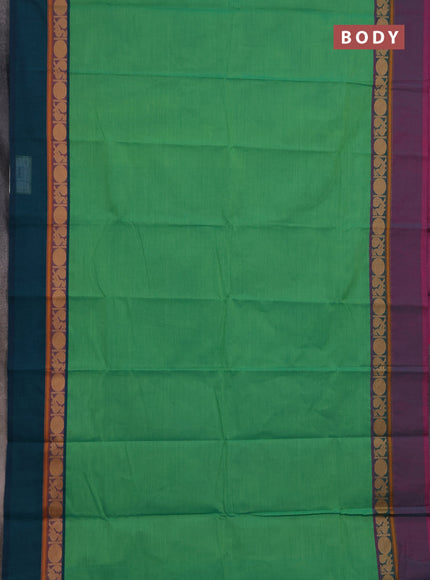 Chettinad cotton saree green and teal green with plain body and ganga jamuna border