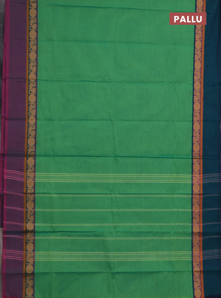 Chettinad cotton saree green and teal green with plain body and ganga jamuna border