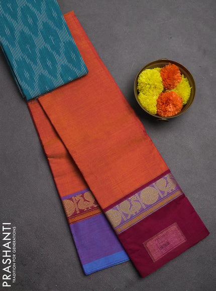Chettinad cotton saree sunset orange and teal green with plain body and jamuna border