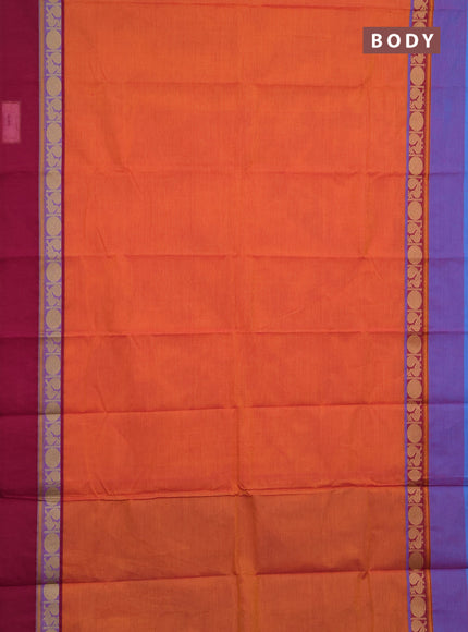 Chettinad cotton saree sunset orange and teal green with plain body and jamuna border